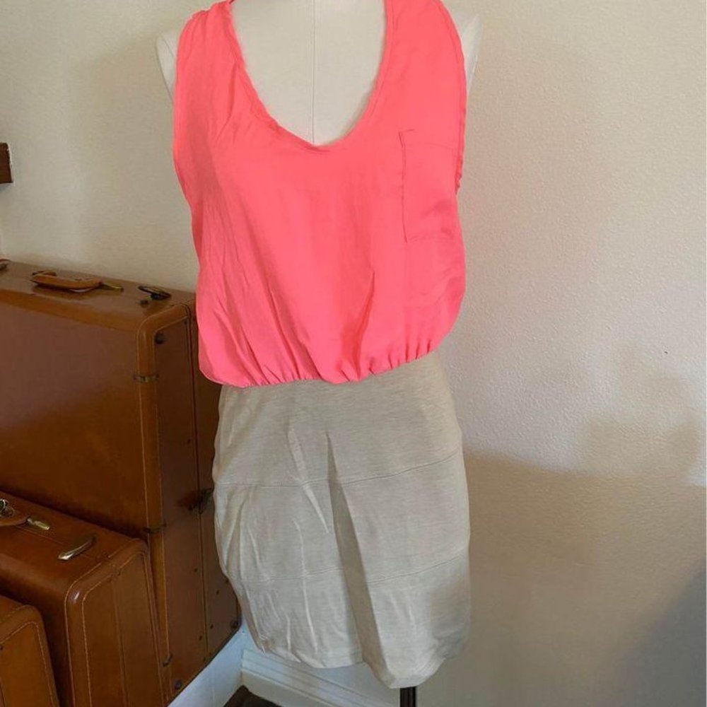Neon Pink Tank Twofer Dress with Bodycon Tan Skirt